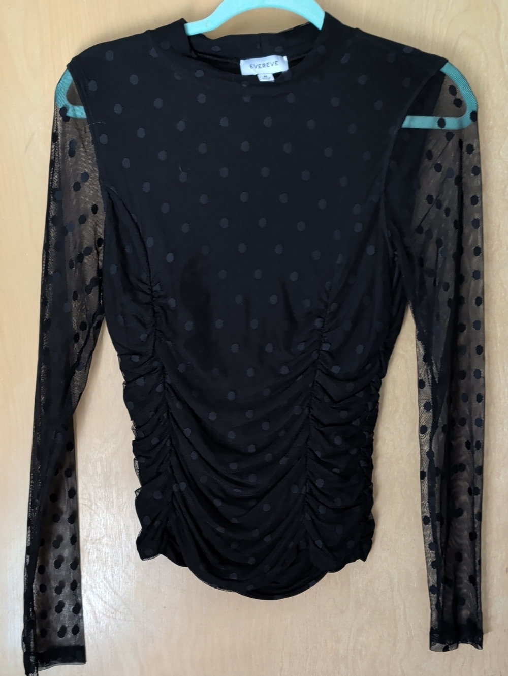Evereve Black Polka Dot Mesh Sleeve Ruched Long Sleeve Top Medium